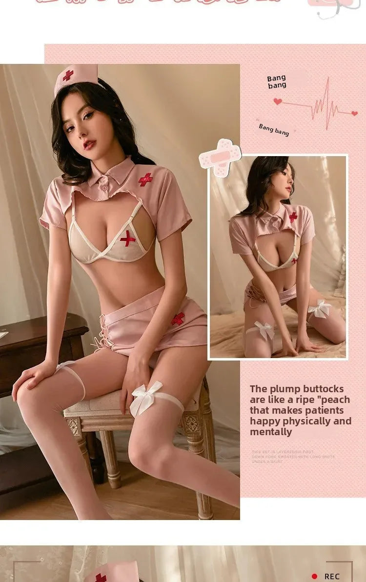 Sexy Nurse Uniform Underwear Set for Women Hardly Remove Cute Anime Sleepwear Student Theme Exotic Intimate Apparel Combo