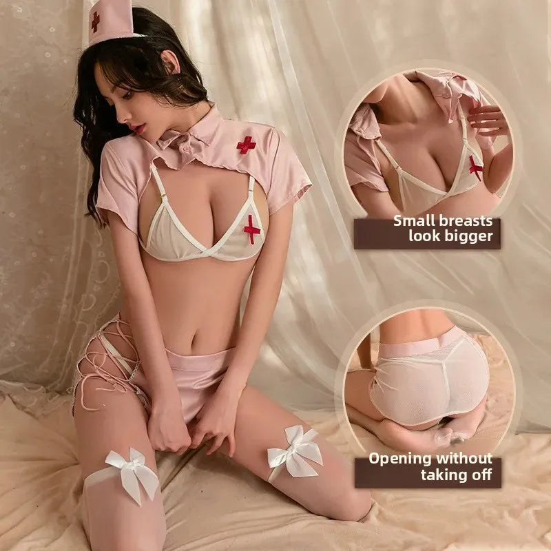 Sexy Nurse Uniform Underwear Set for Women Hardly Remove Cute Anime Sleepwear Student Theme Exotic Intimate Apparel Combo